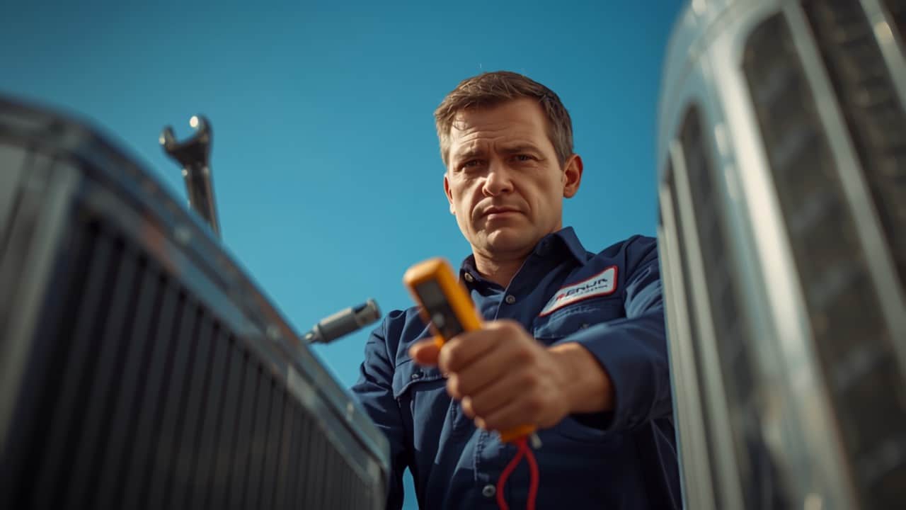 HVAC technician repairing an air conditioning unit during peak season — hvac answering services
