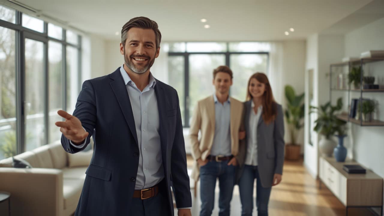 Property manager showing an apartment to prospective tenants — property management call handling
