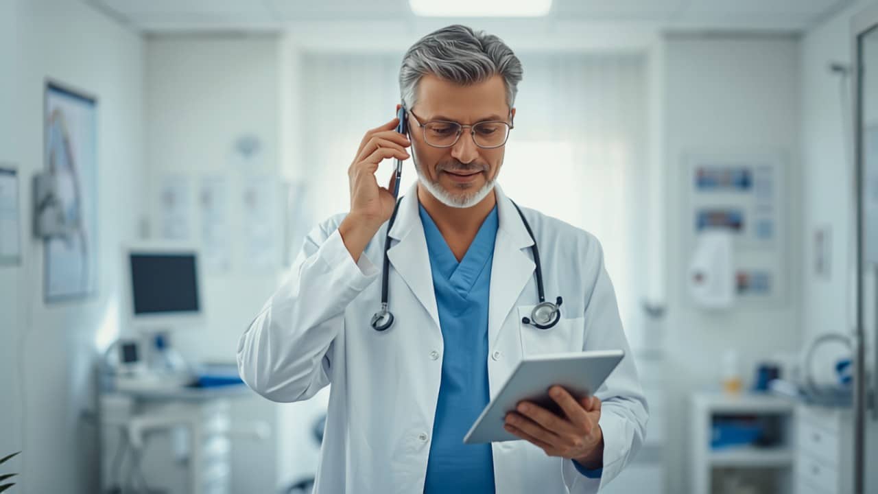 Doctor reviewing patient information while taking a phone call at a medical office — medical answering service