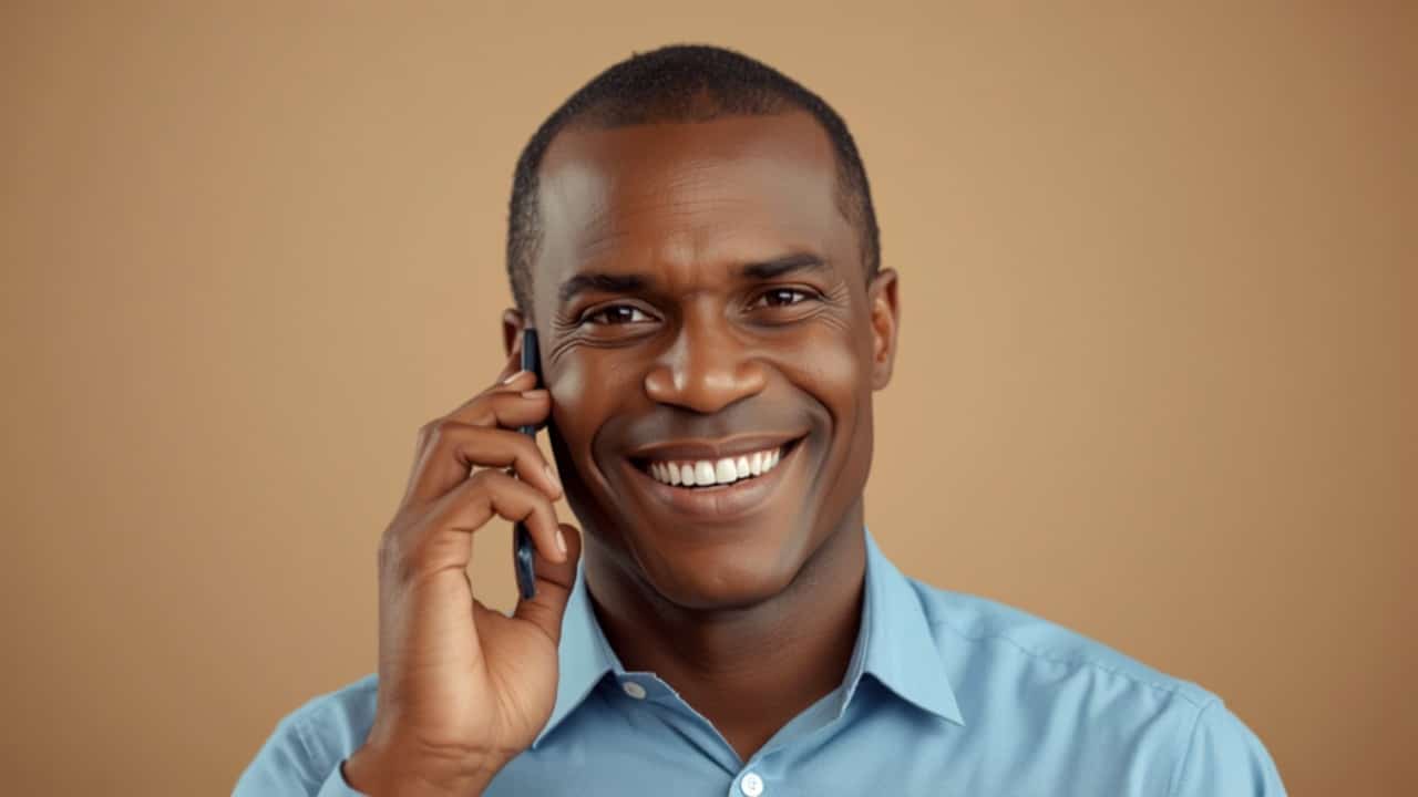 Happy customer talking on a smartphone after a positive service experience — virtual receptionists
