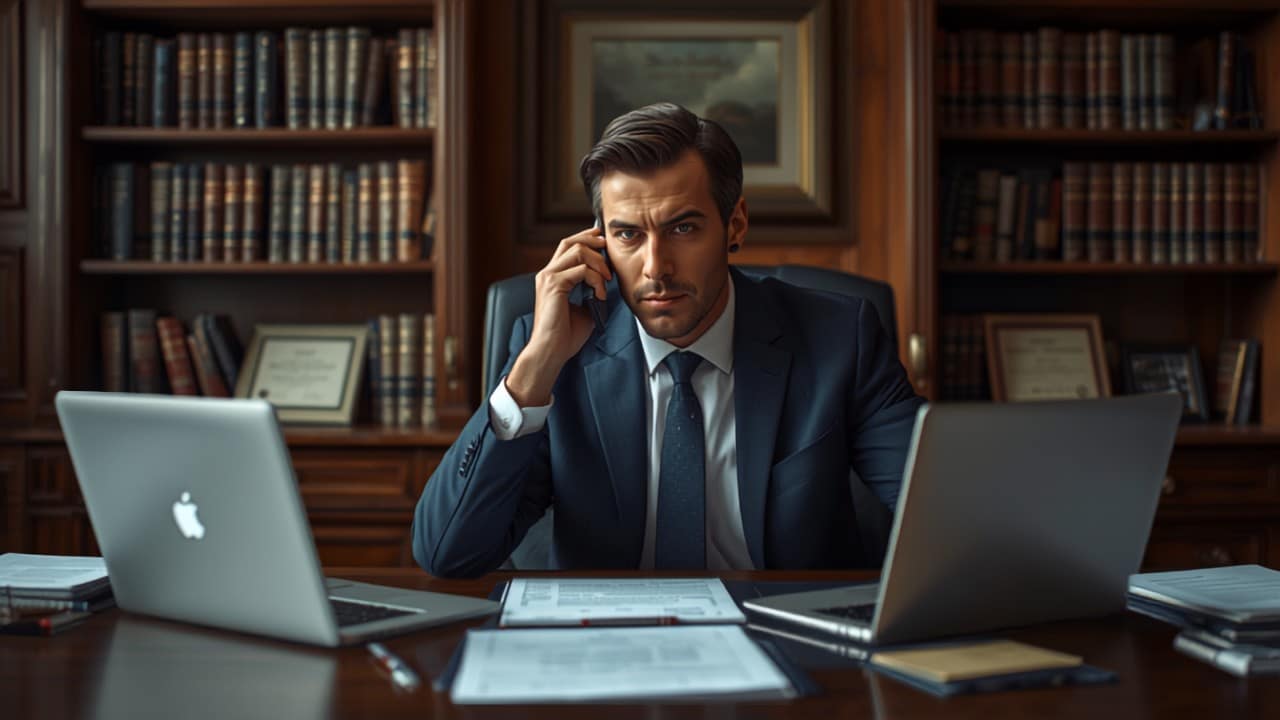 Attorney taking a client phone call at a busy law firm — legal answering services